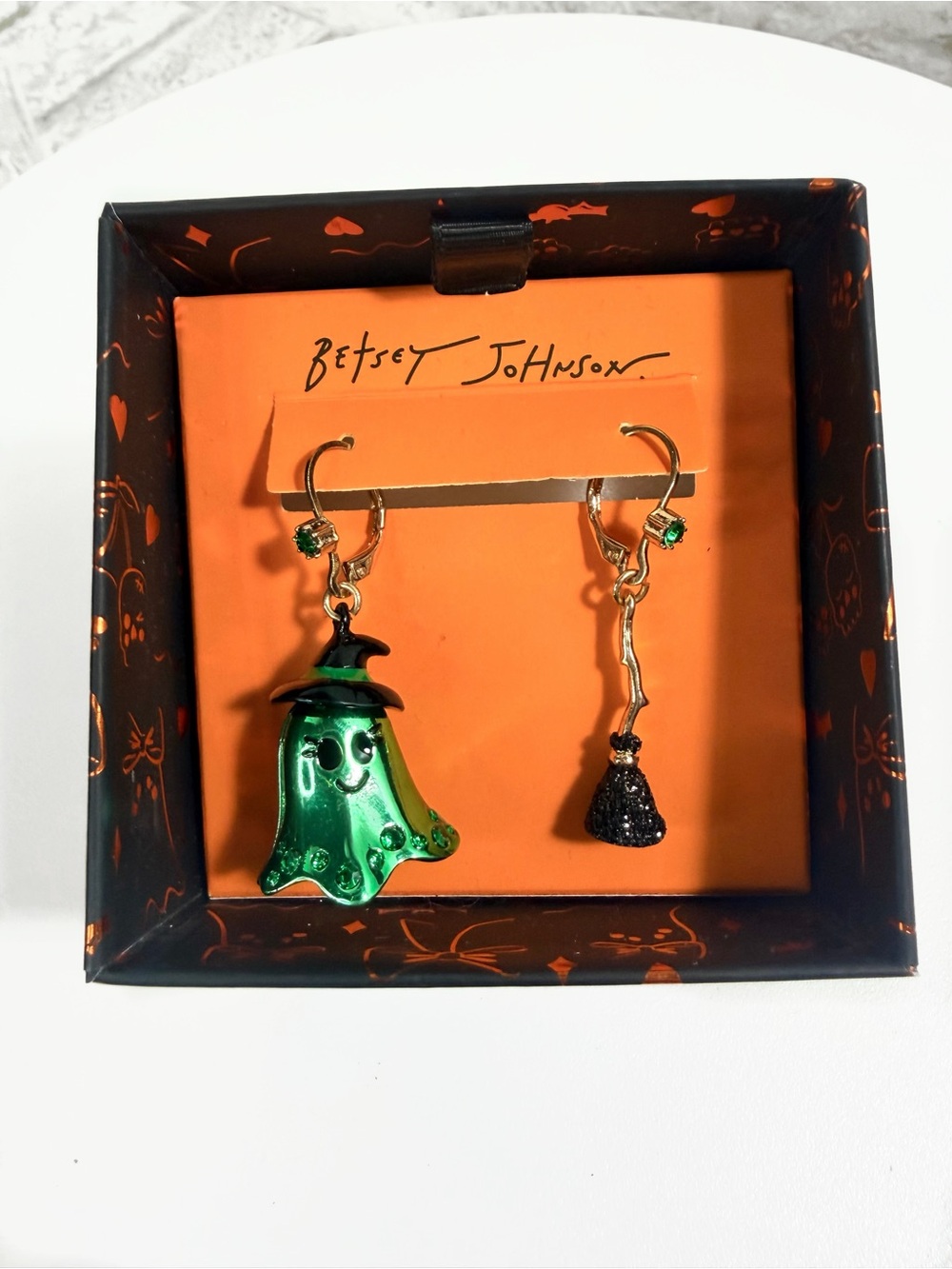 Betsey Johnson Metallic Green Ghost & Black Broom Dangle Earrings NWT